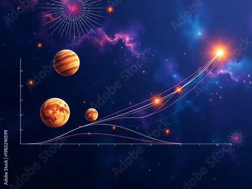 Abstract space growth chart with star planets and cosmic lines,  pattern,  development.