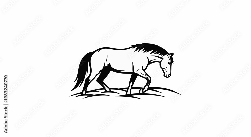 Obraz premium Black and white illustration of a horse walking on stylized ground