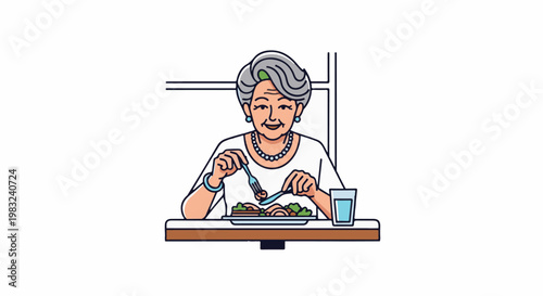 An elderly woman enjoys a healthy meal at a table