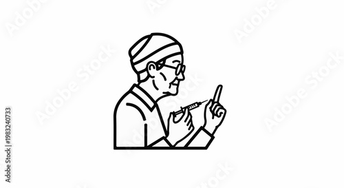 An elderly figure in a cap and glasses holds a syringe, pointing
