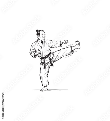 Martial Arts Karate Fighter Performing High Kick in Traditional Gi.