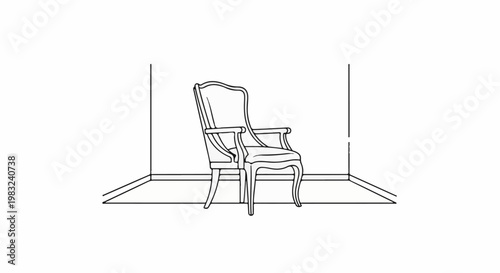 An elegant, high-backed armchair stands in a minimalist, line-drawn room setting