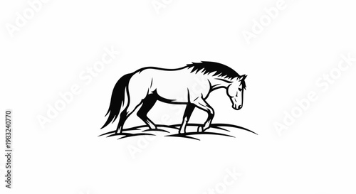 Black and white illustration of a horse walking on stylized ground