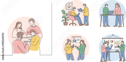 business teamwork, office collaboration, professional meeting, project discussion, digital communication, coworking environment, startup team, data technology use, flat vector illustration