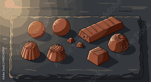 Assortment of assorted chocolates and chocolate bar pieces on a dark slate
