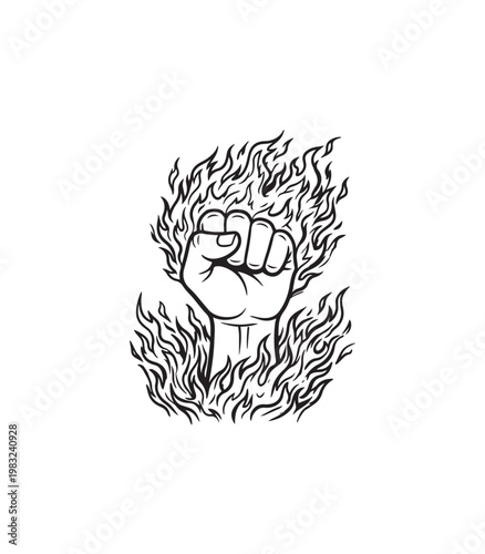 Fist raised in fire symbol of power and revolution.