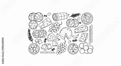 Assortment of cheese, cured meats, olives, grapes and pickles