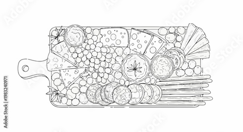 Assortment of cheese, meats, grapes, olives, and crackers on a cutting board