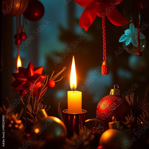 Candlelight flickers on worn ornaments, a painterly study of ephemeral Yuletide warmth ,  warmth,  worn