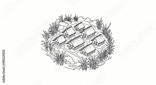 Aerial view of a cluster of thatched-roof huts in a watery landscape