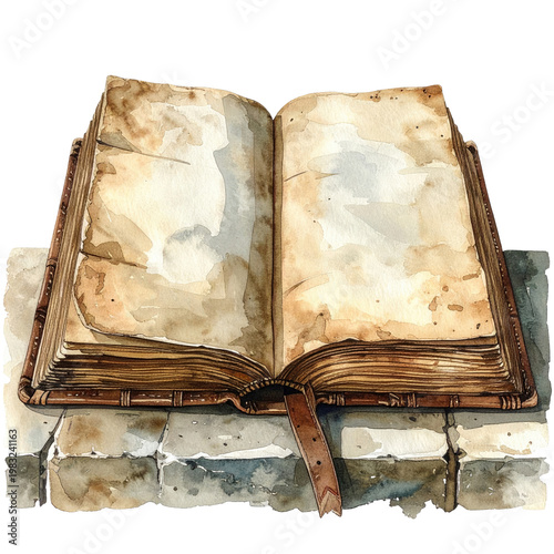 An open, aged book rests on a stone surface, featuring watercolor textures and a bookmark