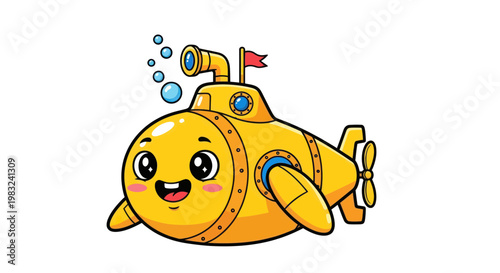 Cute yellow cartoon submarine with happy face and bubbles