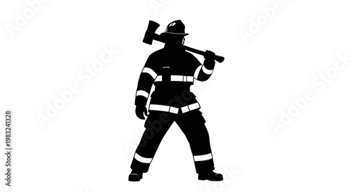 Firefighter Silhouette with Axe, Heroic Emergency Worker Ready for Action