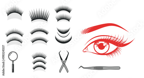 False Eyelashes Collection and Eye Beauty Tools on White Background
