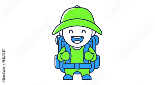 Happy Cartoon Kid Traveler With Backpack and Cap, Vector Illustration