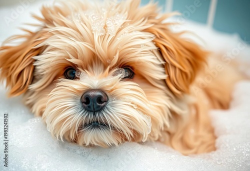 Close-up of fluffy dog enjoying a bubbly bath with soap suds,  grooming,  wet