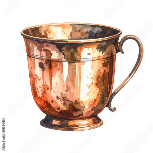 Watercolor illustration of a copper mug with a handle, reflecting light and shadow