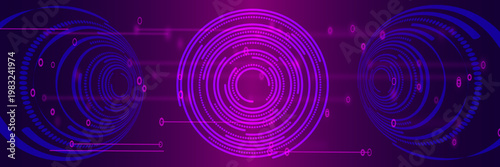 A futuristic digital interface with circular holographic elements on a dark blue background. High tech, data analysis, and cybernetics. Vector HUD illustration.