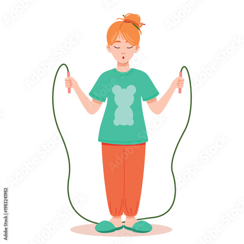 Young woman jumping rope cardio workout home fitness concept