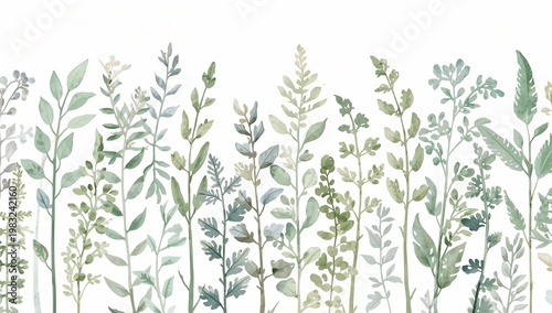 A delicate watercolor of various greenery with a soft, minimalist aesthetic. The image evokes a sense of freshness and serenity.