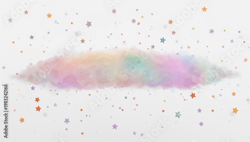 Abstract colorful rainbow cloud with stars, perfect for background or decorative design. The image features a blend of pastel colors and small stars, giving a whimsical effect