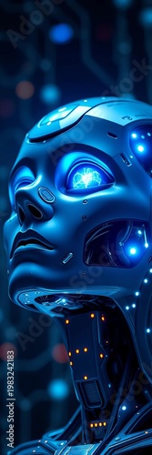 Cyborg head with glowing neural network eyes looking up, wise artificial intelligence concept,  robot,  future