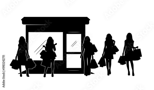 Women shopping silhouette vector with storefront retail fashion bags illustration