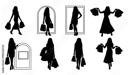 Women shopping silhouette set vector fashion shoppers with bags retail illustration