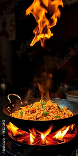 Fiery wok display of authentic Thai Pad Thai, a quick and flavorful street food staple, cooked over intense flame,  fast food,  delicious