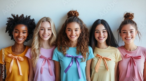 Five diverse young women smiling, wearing pastel t-shirts with bows