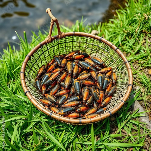 Fresh catch of roaches in a net basket on green grass by the river bank, emphasizing a good, abundant haul,  catch,  livelihood