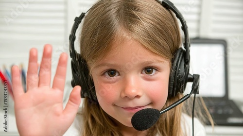 Online education photography, a young blonde girl wearing headphones sitting at a desk, smiling and raising her hand in a gesture, holding a pencil. 