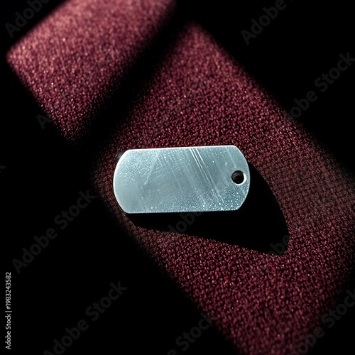 Gleaming chrome of a dog tag catches a sliver of light amidst deep shadow on a velvet cushion,  dramatic,  dark