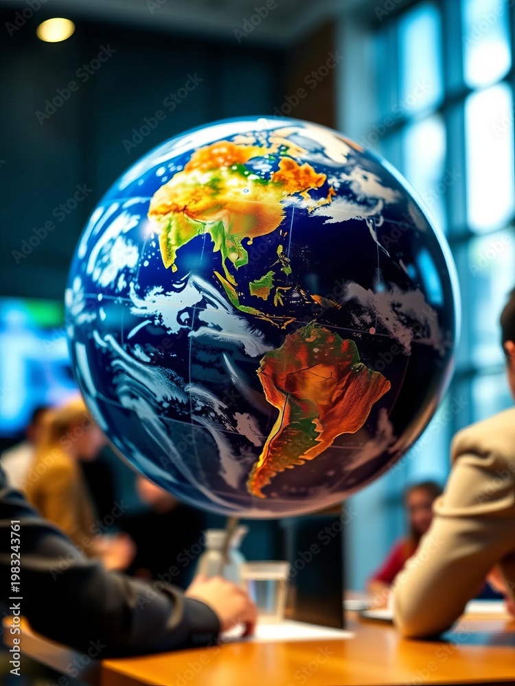 Fototapeta premium Global business meeting with earth focus, blurred professionals planning strategy, digital strategy, professional development