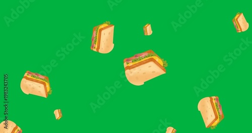 Digital animation of multiple sandwich icons falling against black background
