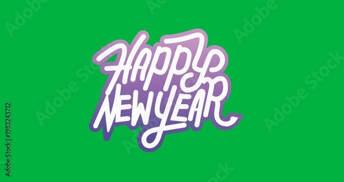 Digital animation of purple happy new year text banner against black background
