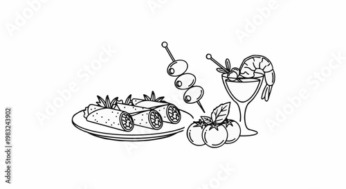 Appetizer assortment rolled food, olives, shrimp cocktail, tomatoes