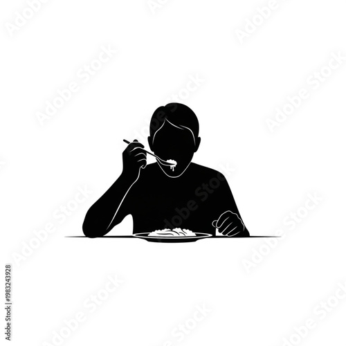 Man Eating with Chopsticks at Table.