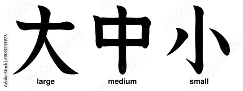 Japanese kanji characters for large, medium and small isolated on a transparent background, calligraphy art