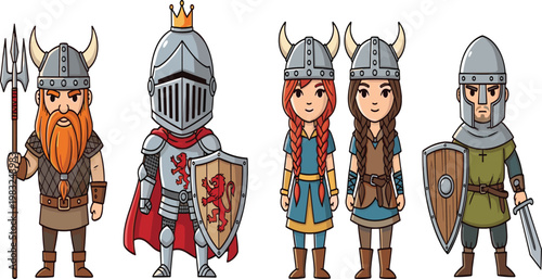 Cartoon Viking Character Set with Warriors, Shieldmaidens, and a King, Perfect for Historical Illustrations, Games, and Fantasy Designs