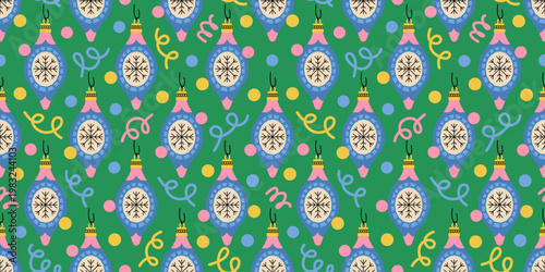 Seamless Christmas baubles pattern with retro blue teardrop ornaments, snowflake details, confetti dots and curling streamers on green background. Festive holiday repeat for wrapping paper and fabric.