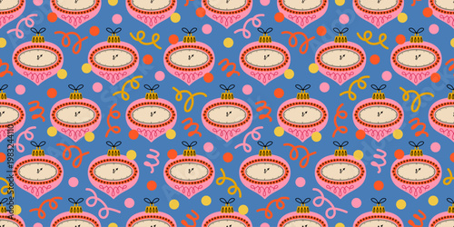 Seamless Christmas baubles pattern with retro pink ornaments featuring clock faces, confetti dots and curling streamers on a blue background. Festive holiday repeat for wrapping paper and fabric.