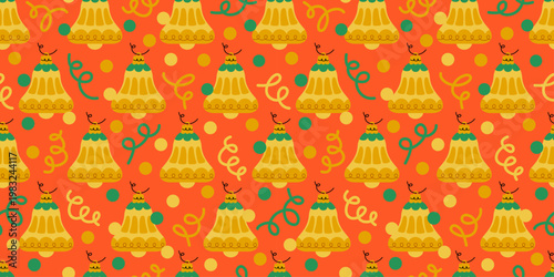 Seamless Christmas bell pattern with retro golden ornaments, confetti dots and curling streamers on an orange background. Festive holiday repeat for wrapping paper, fabric and wallpaper.
