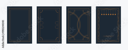 Set of luxury minimalist borders with golden linear art on dark background