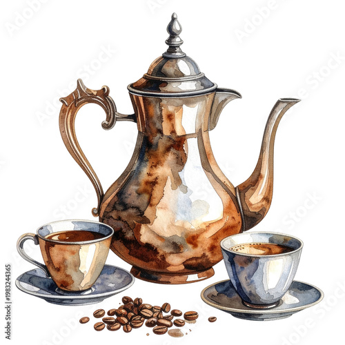 Watercolor illustration of a silver coffee pot, cups, saucers, and coffee beans against black background