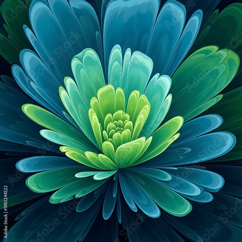 Abstract floral design with blue and green petals in focus.