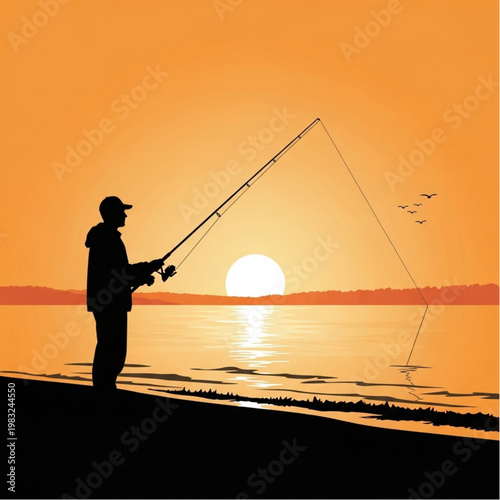 Man Fishing at Sunset Silhouette.