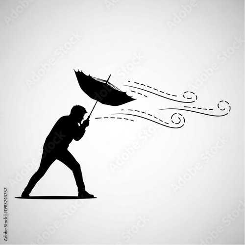 Man Holding Umbrella in Strong Wind.