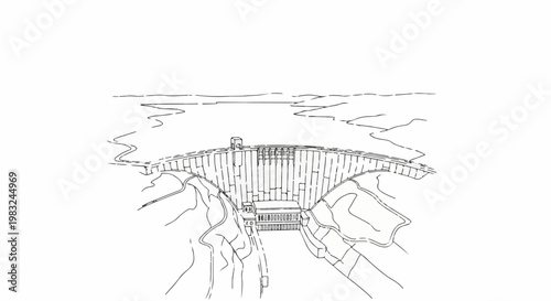 Arch dam holding back a large reservoir, with a power station structure