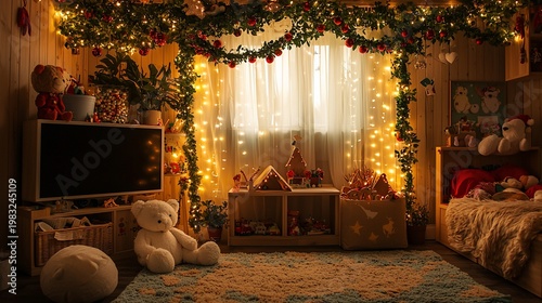 Cozy child's bedroom decorated for Christmas with warm lighting, toys, and festive garland